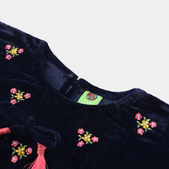 Infant Girls Velvet Emb Top Flowers Bouquet-Navy Blue