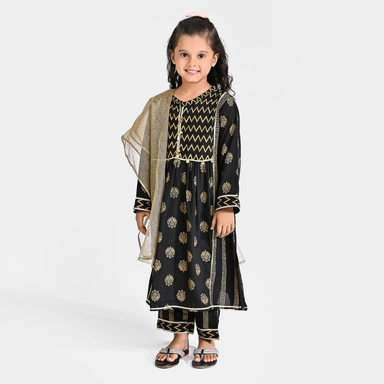 Girls Raw Silk 3 Pcs Khas-BLACK