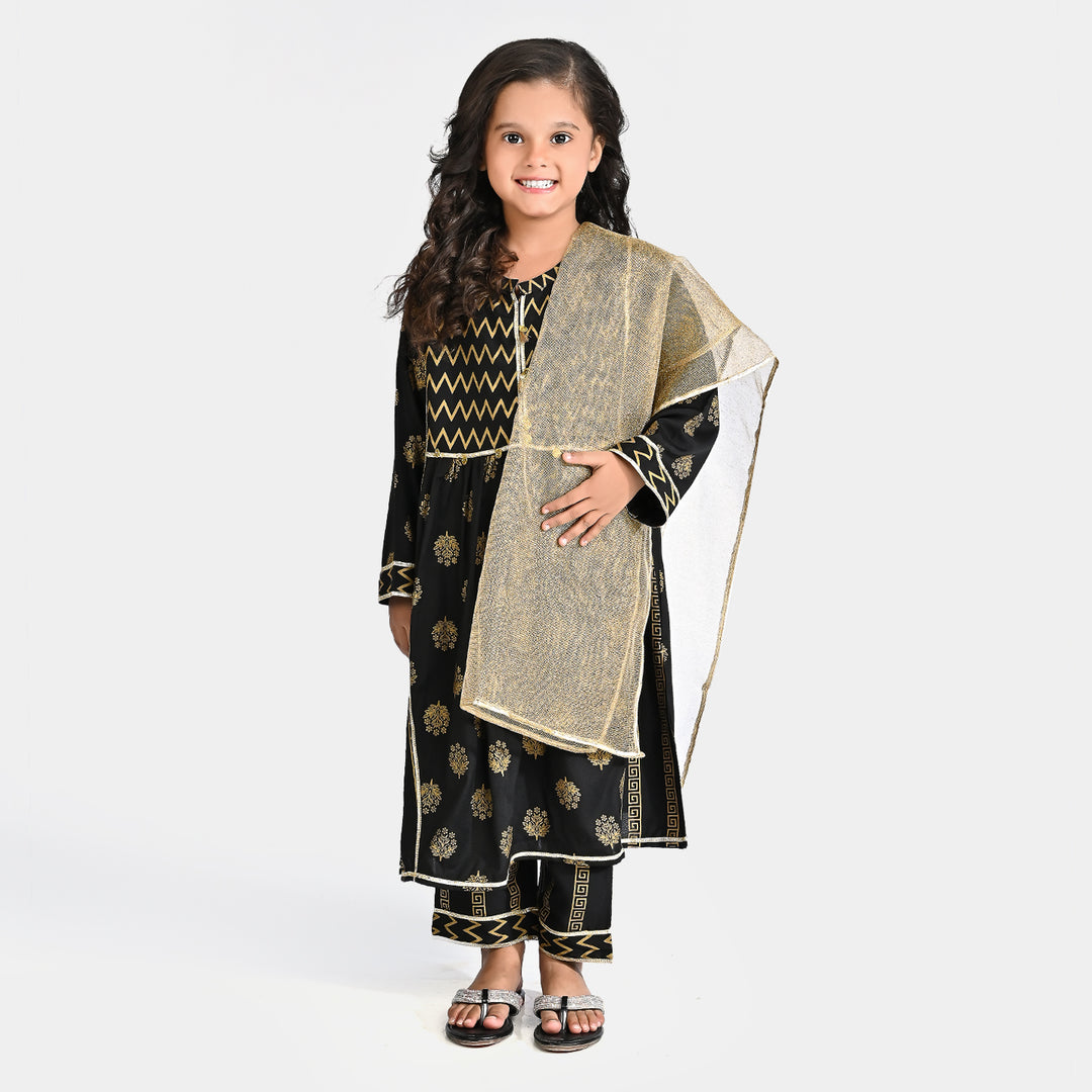 Girls Raw Silk 3 Pcs Khas-BLACK