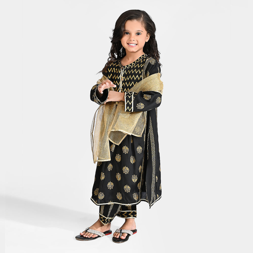 Girls Raw Silk 3 Pcs Khas-BLACK