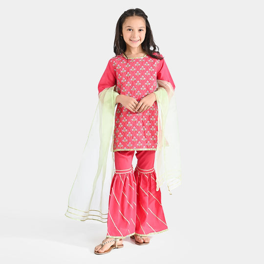 Girls Raw Silk 3 pcs Suit Sakoon-Pink