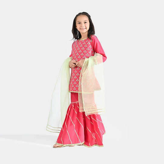 Girls Raw Silk 3 pcs Suit Sakoon-Pink