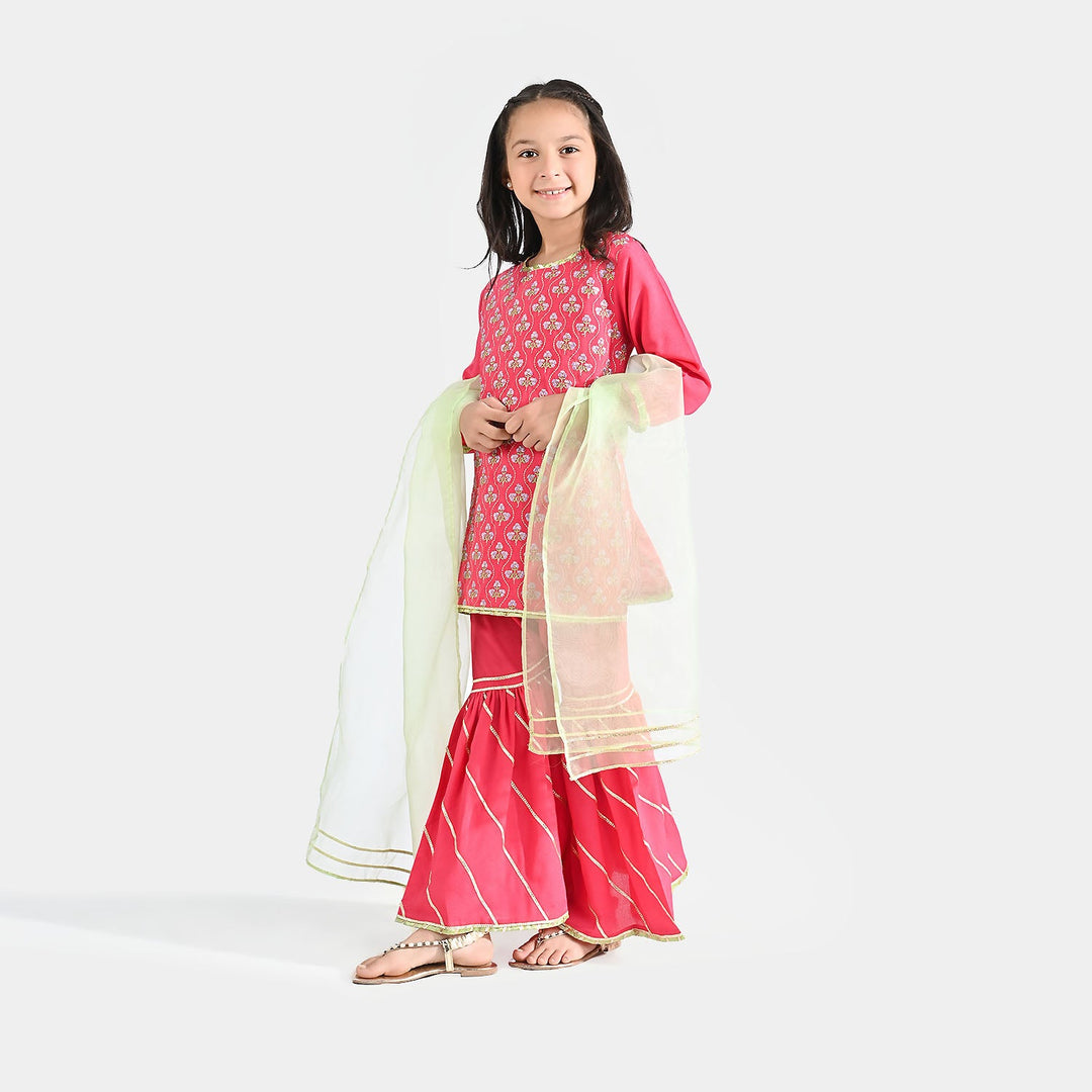 Girls Raw Silk 3 pcs Suit Sakoon-Pink