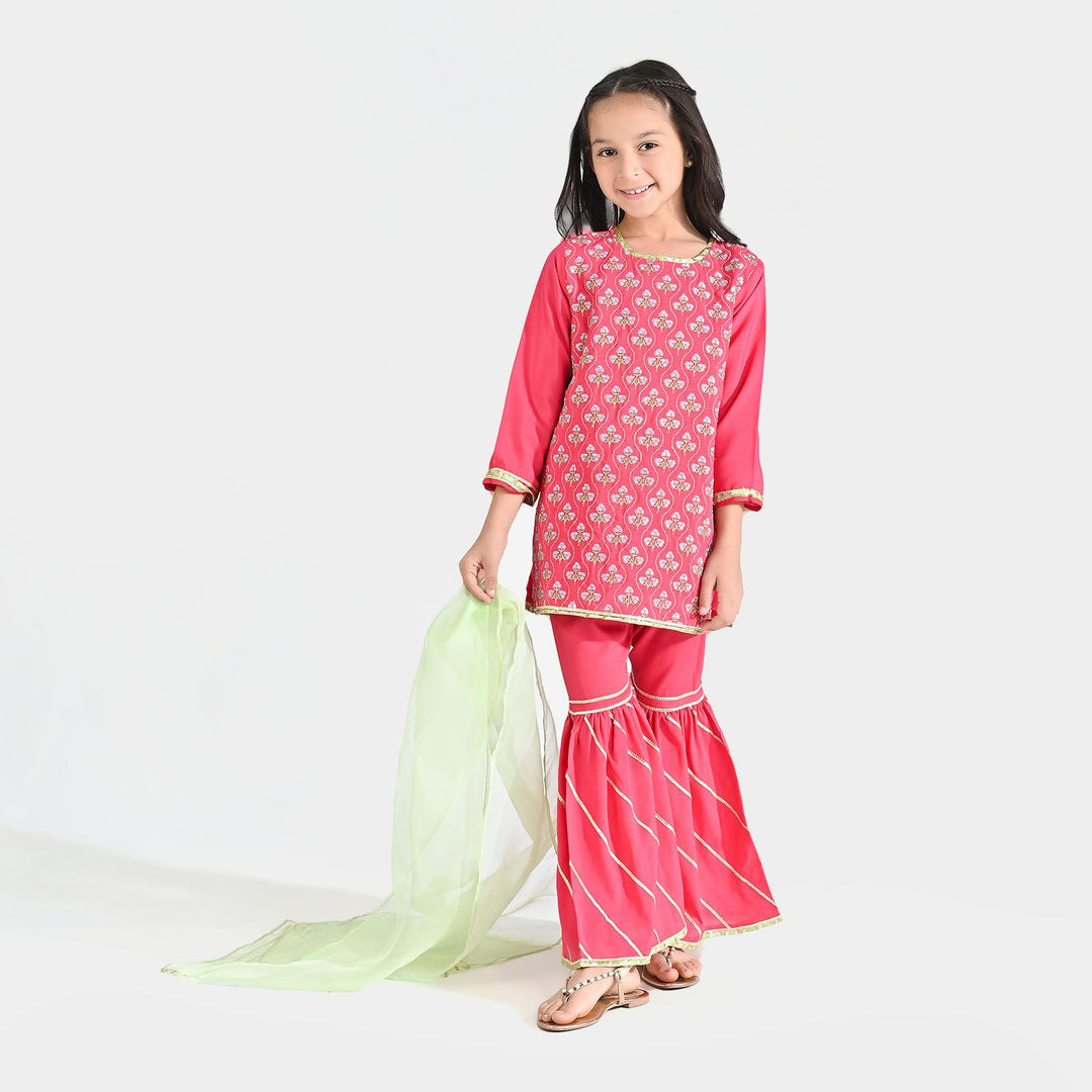 Girls Raw Silk 3 pcs Suit Sakoon-Pink