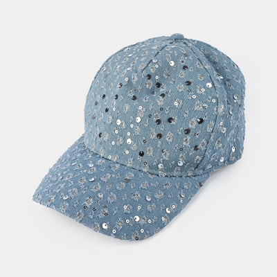 Girls Denim Viscose Sequence Cap-LT.Blue