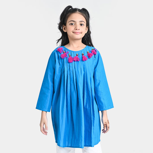 Girls Jacquard Kurti Hanging Tassels-Teal blue