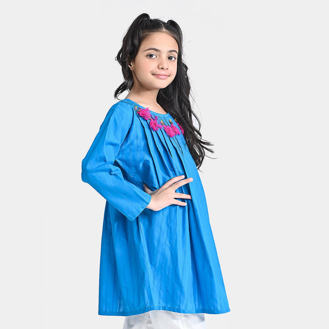 Girls Jacquard Kurti Hanging Tassels-Teal blue