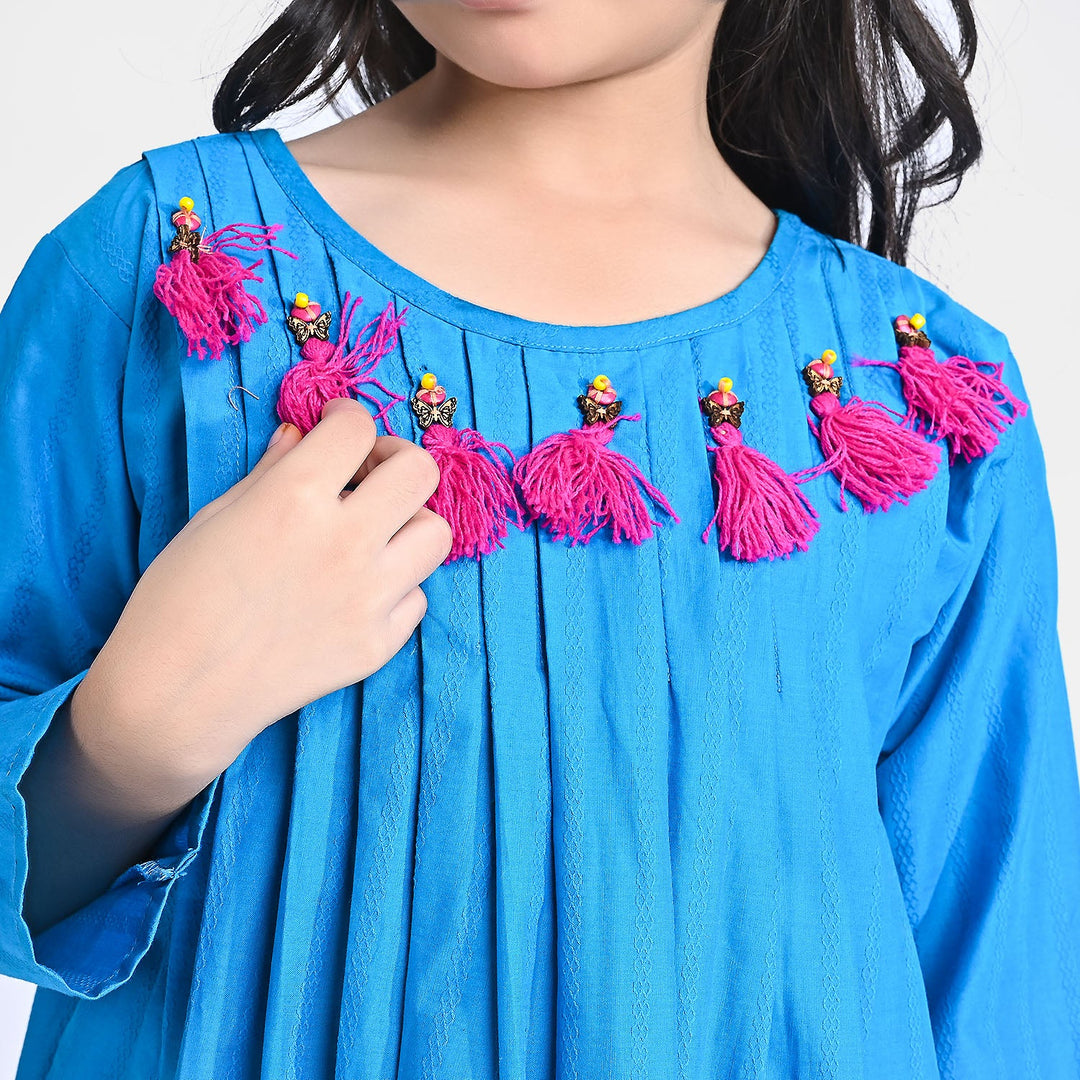 Girls Jacquard Kurti Hanging Tassels-Teal blue