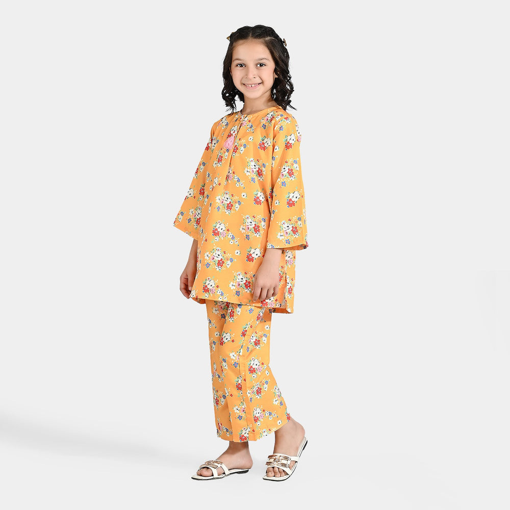 Girls Poly Lawn Printed 2 Pcs Vintage Floral-Yellow