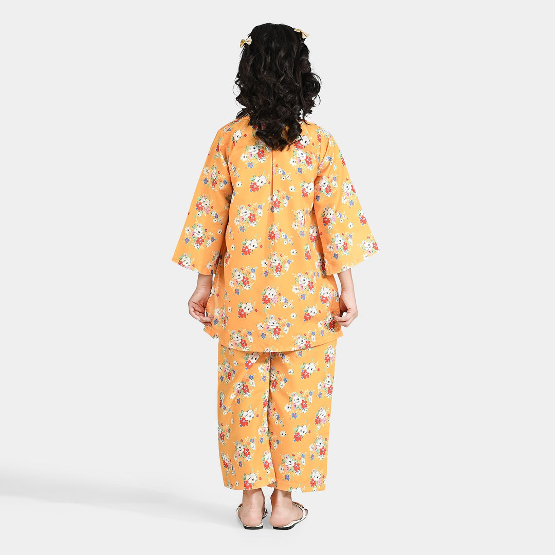 Girls Poly Lawn Printed 2 Pcs Vintage Floral-Yellow