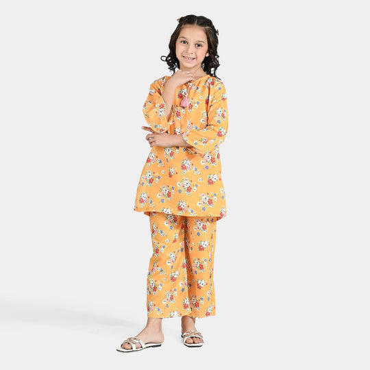 Girls Poly Lawn Printed 2 Pcs Vintage Floral-Yellow