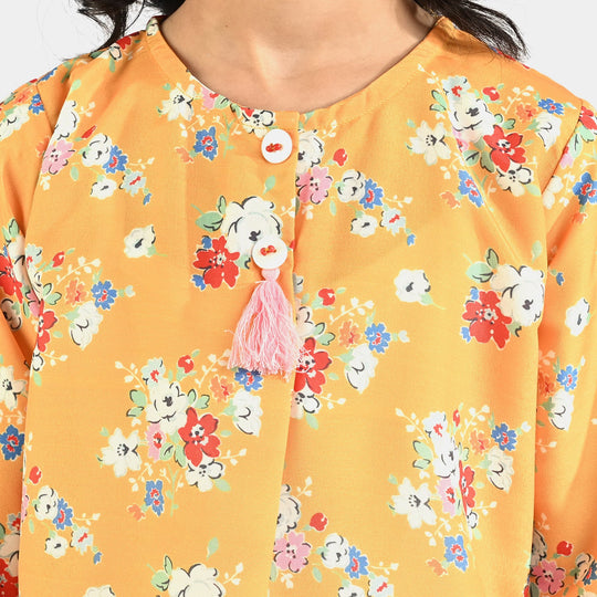 Girls Poly Lawn Printed 2 Pcs Vintage Floral-Yellow