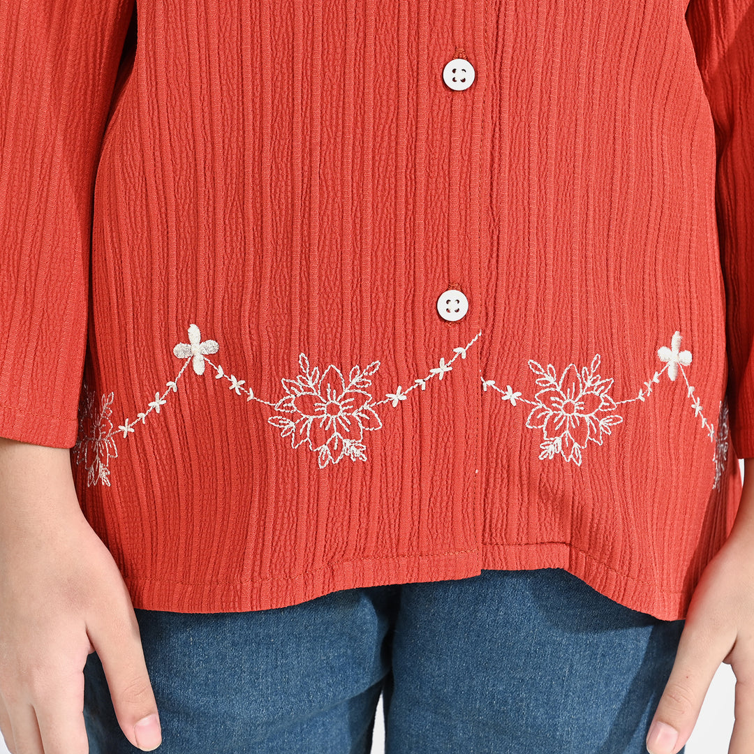 Girls Poly Crinkle Embroidered Top (Dahlia) - Rust