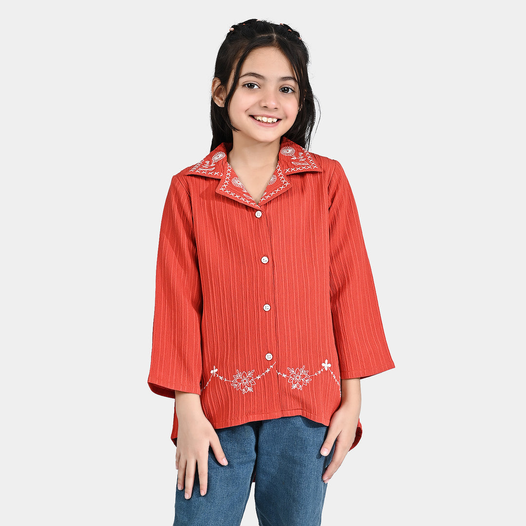 Girls Poly Crinkle Embroidered Top (Dahlia) - Rust