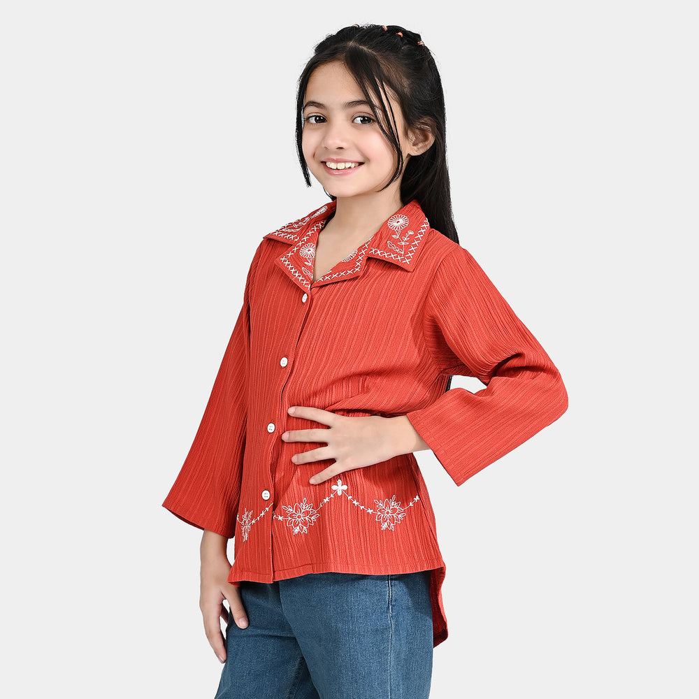 Girls Poly Crinkle Embroidered Top (Dahlia) - Rust