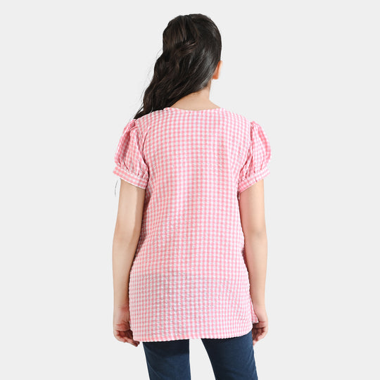 Girls Seersucker Emb Top Floral Line-Pink