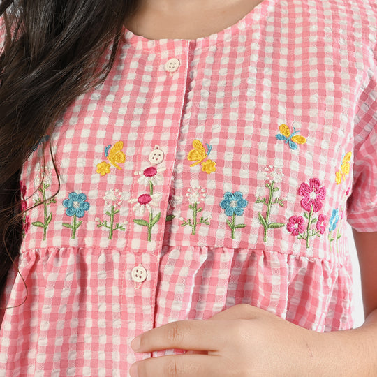 Girls Seersucker Emb Top Floral Line-Pink