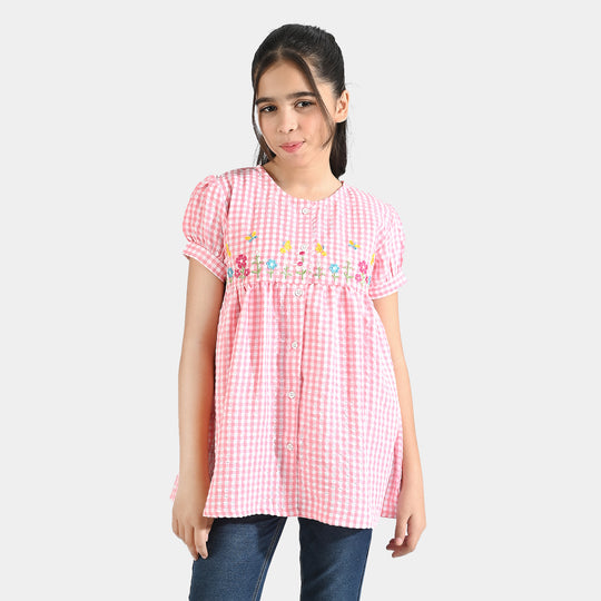 Girls Seersucker Emb Top Floral Line-Pink