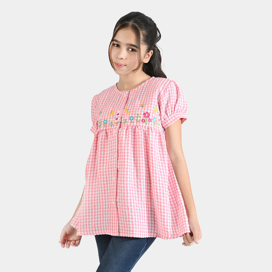 Girls Seersucker Emb Top Floral Line-Pink