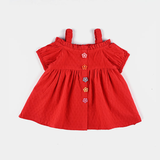 Girls Emb Top Red Flowers-Red