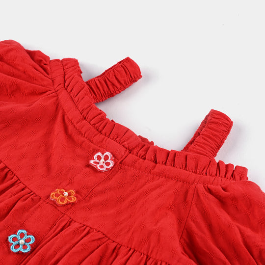 Girls Emb Top Red Flowers-Red