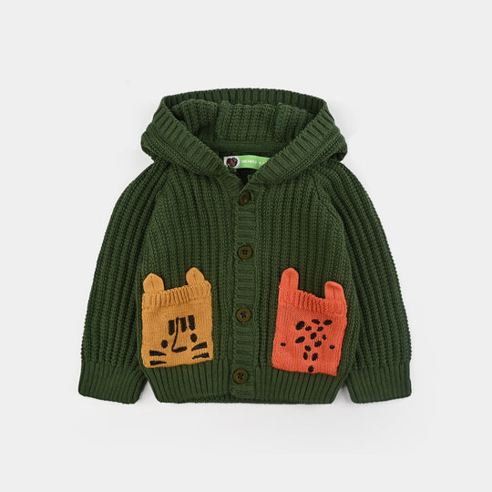 Infant Boys Cotton Sweater Animal Pocket-Green