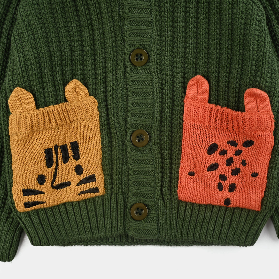 Infant Boys Cotton Sweater Animal Pocket-Green