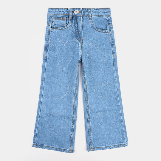Girls Denim Pant Hearts And Studs-Ice Blue