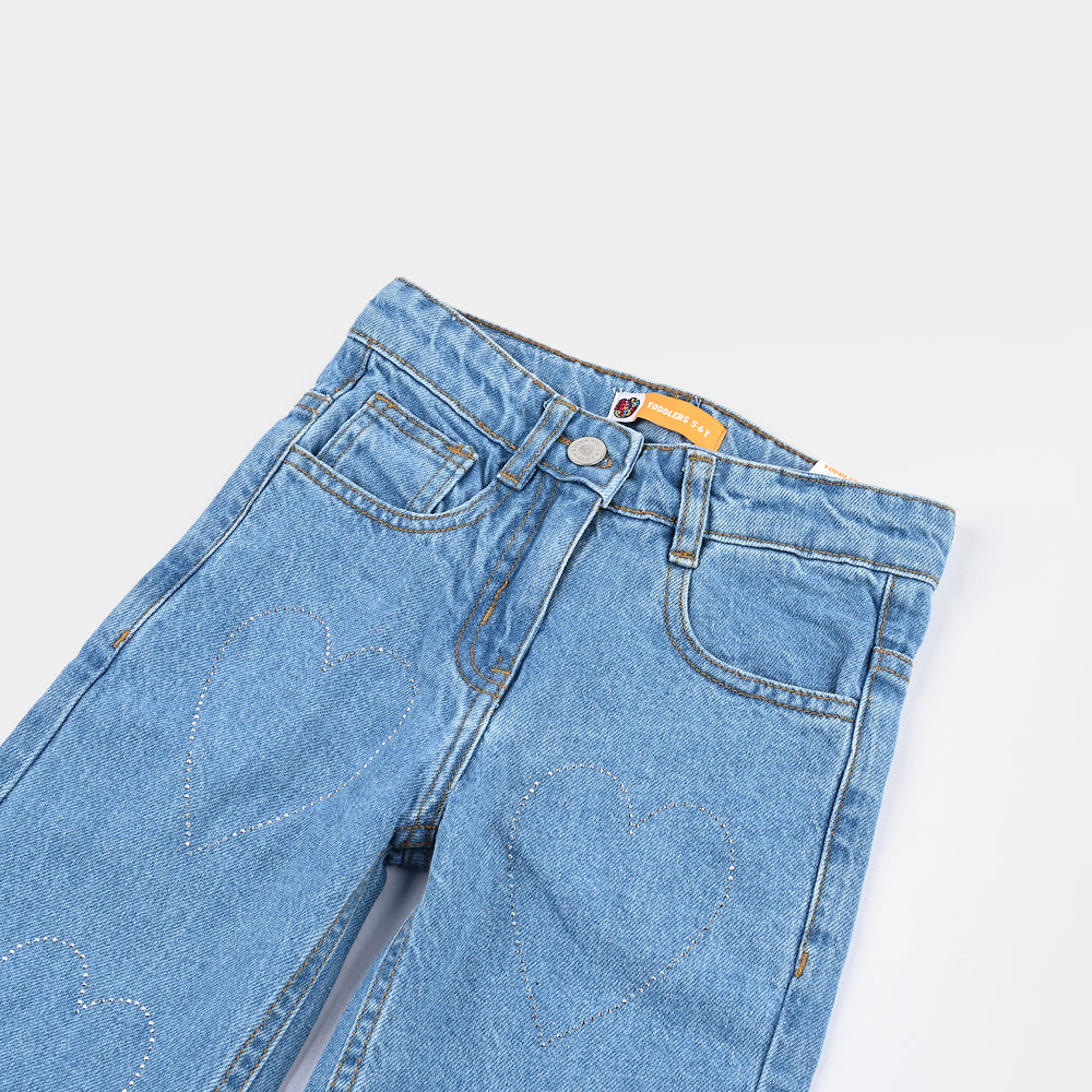 Girls Denim Pant Hearts And Studs-Ice Blue