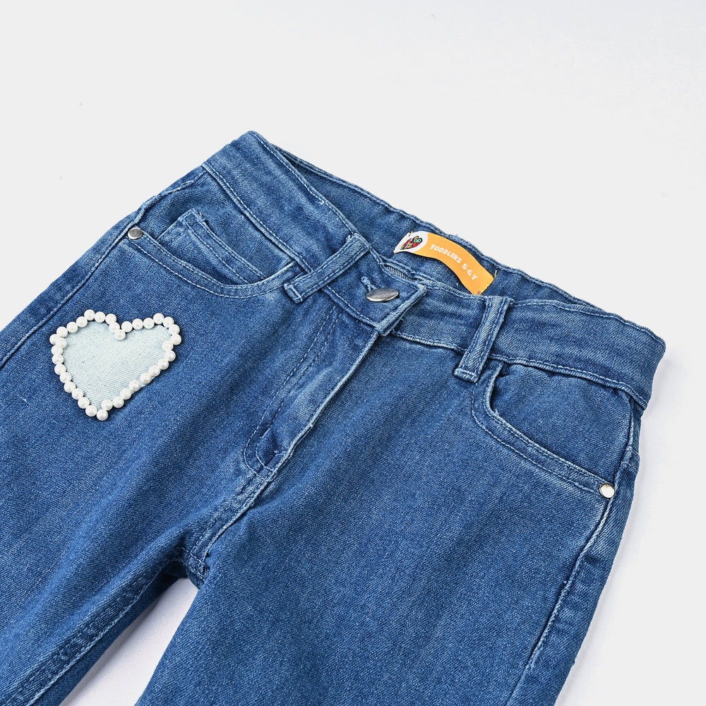 Girls Denim Stretch Pant Pearl At Pocket-Light Blue