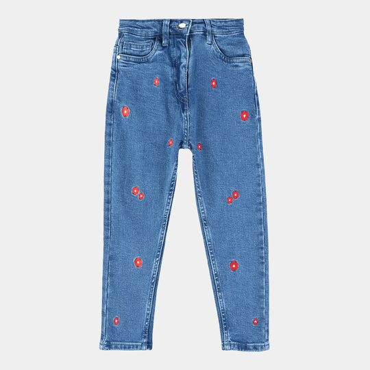 Girls Denim Stretch Pant Red Floral-Ice Blue