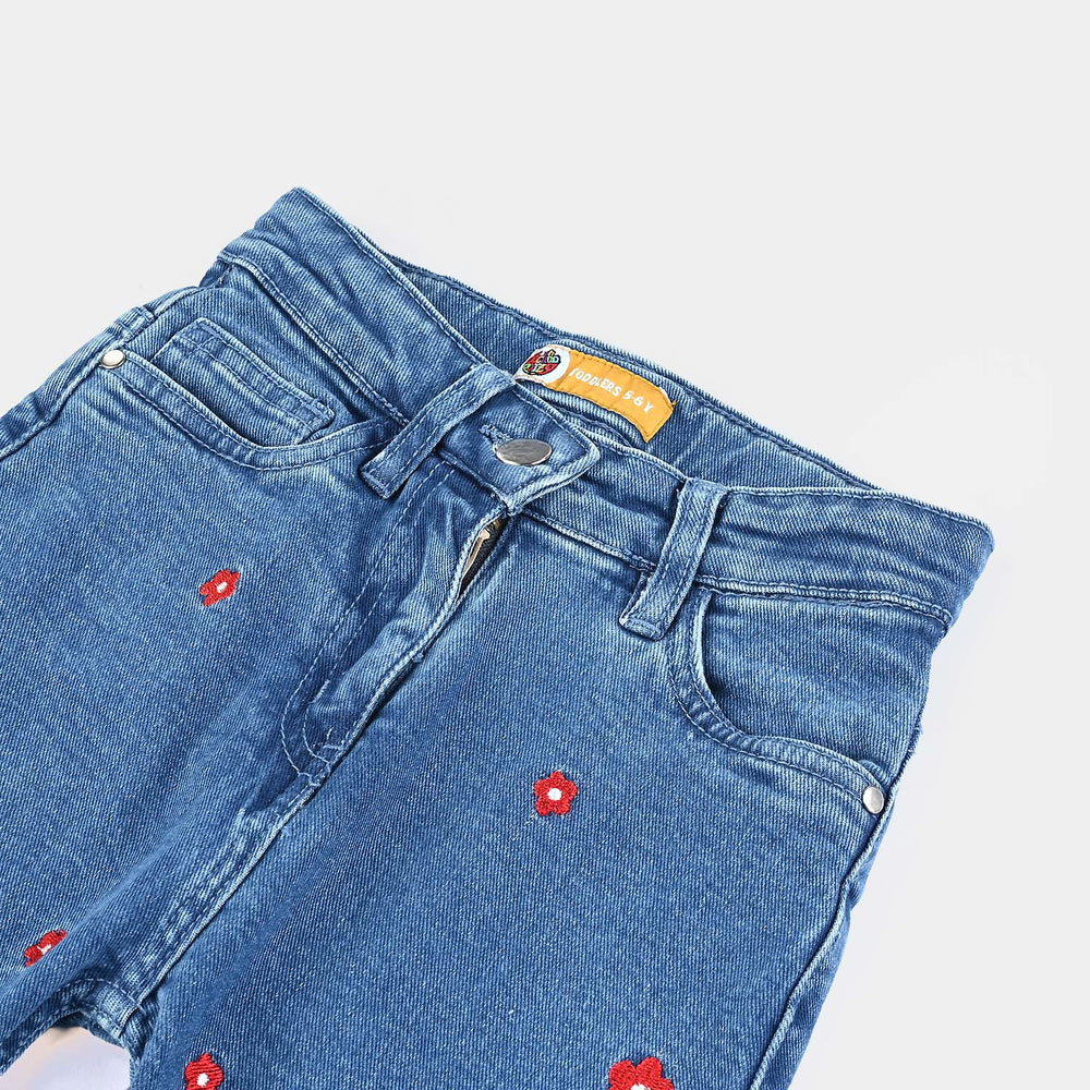 Girls Denim Stretch Pant Red Floral-Ice Blue