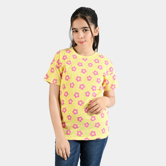 Girls Cotton jersey T-Shirt H/S Floral-Lemon. Drop