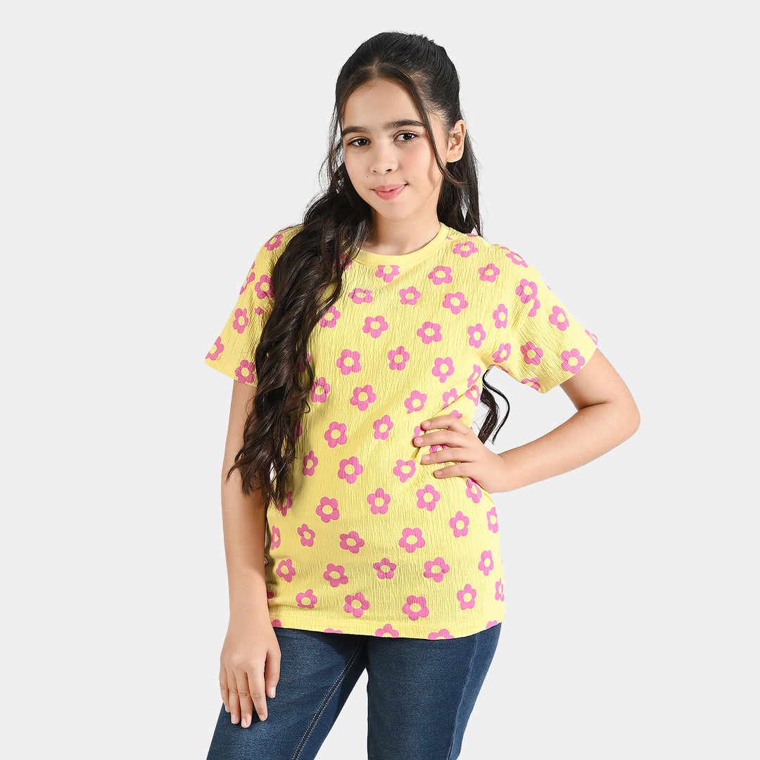 Girls Cotton jersey T-Shirt H/S Floral-Lemon. Drop