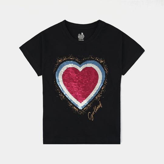 Girls Cotton Jersey T-Shirt H/S Hearts-BLACK