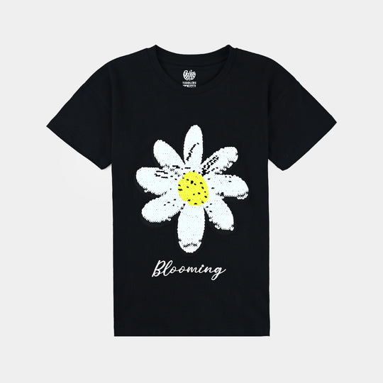 Girls Cotton Jersey T-Shirt H/S Blooming-BLACK