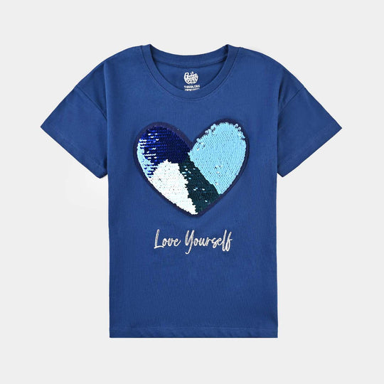 Girls Cotton Jersey T-Shirt H/S Love Yourself-Navy Blue