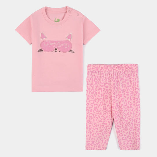 Infant Girls Poly Cotton Jersey Night Suit FEELING SLEEPY-Candy Pink