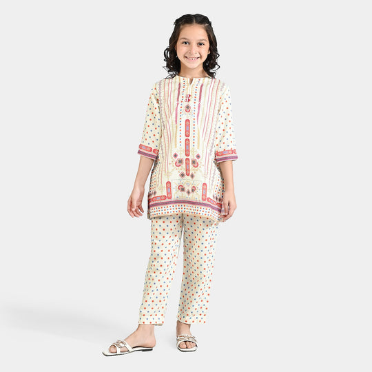 Girls Poly Lawn printed 2 Pcs Blended-Off White