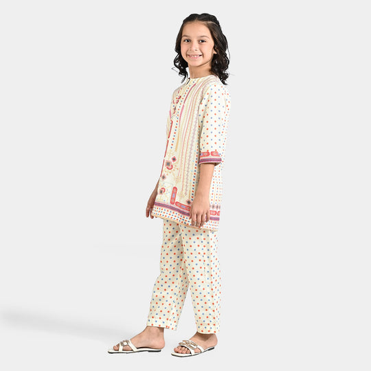 Girls Poly Lawn printed 2 Pcs Blended-Off White