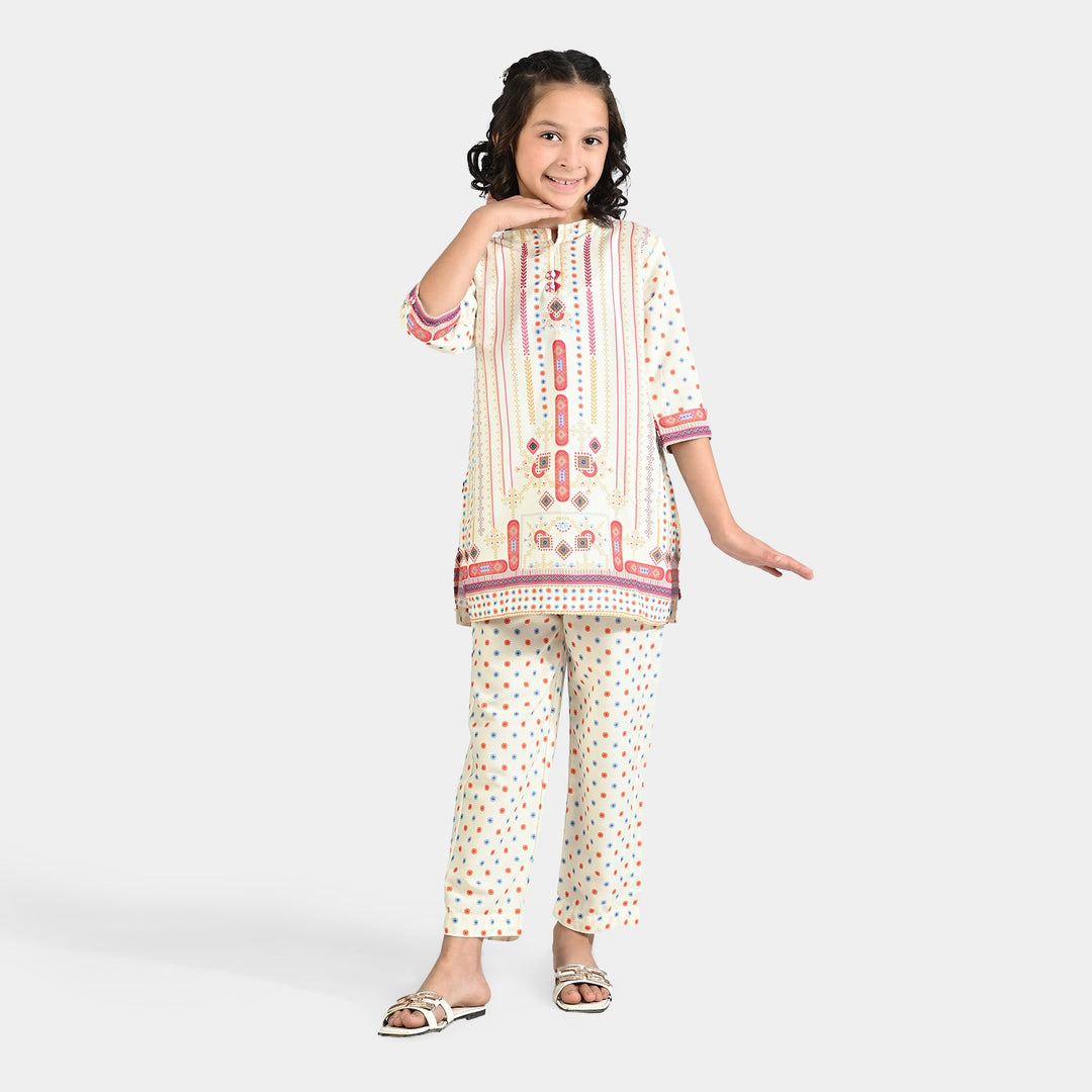 Girls Poly Lawn printed 2 Pcs Blended-Off White