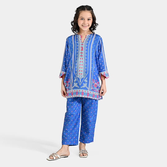 Girls Poly Lawn Printed 2 Pcs Indigo-Blue