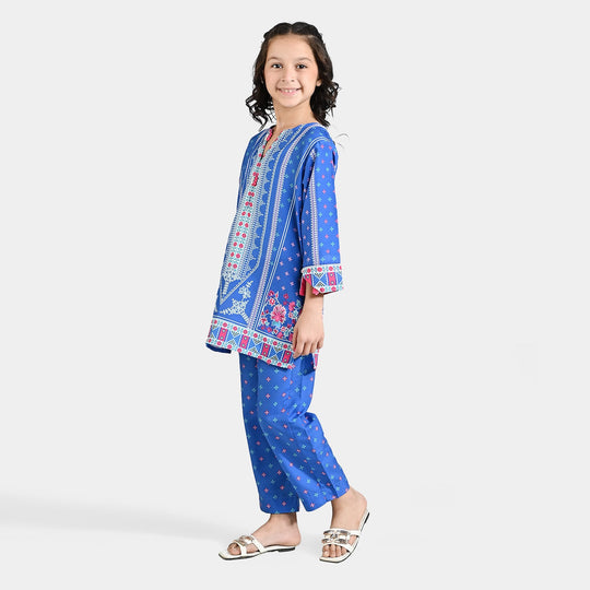 Girls Poly Lawn Printed 2 Pcs Indigo-Blue