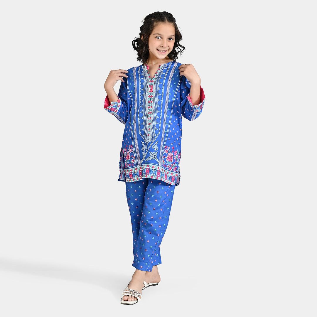 Girls Poly Lawn Printed 2 Pcs Indigo-Blue