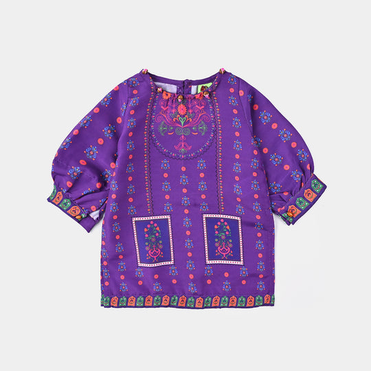 Girls Poly Lawn Printed Kurti Mughal Fusion-Purple