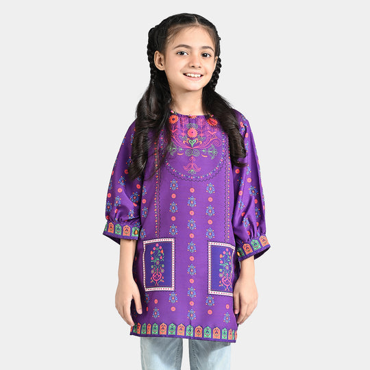 Girls Poly Lawn Printed Kurti Mughal Fusion-Purple