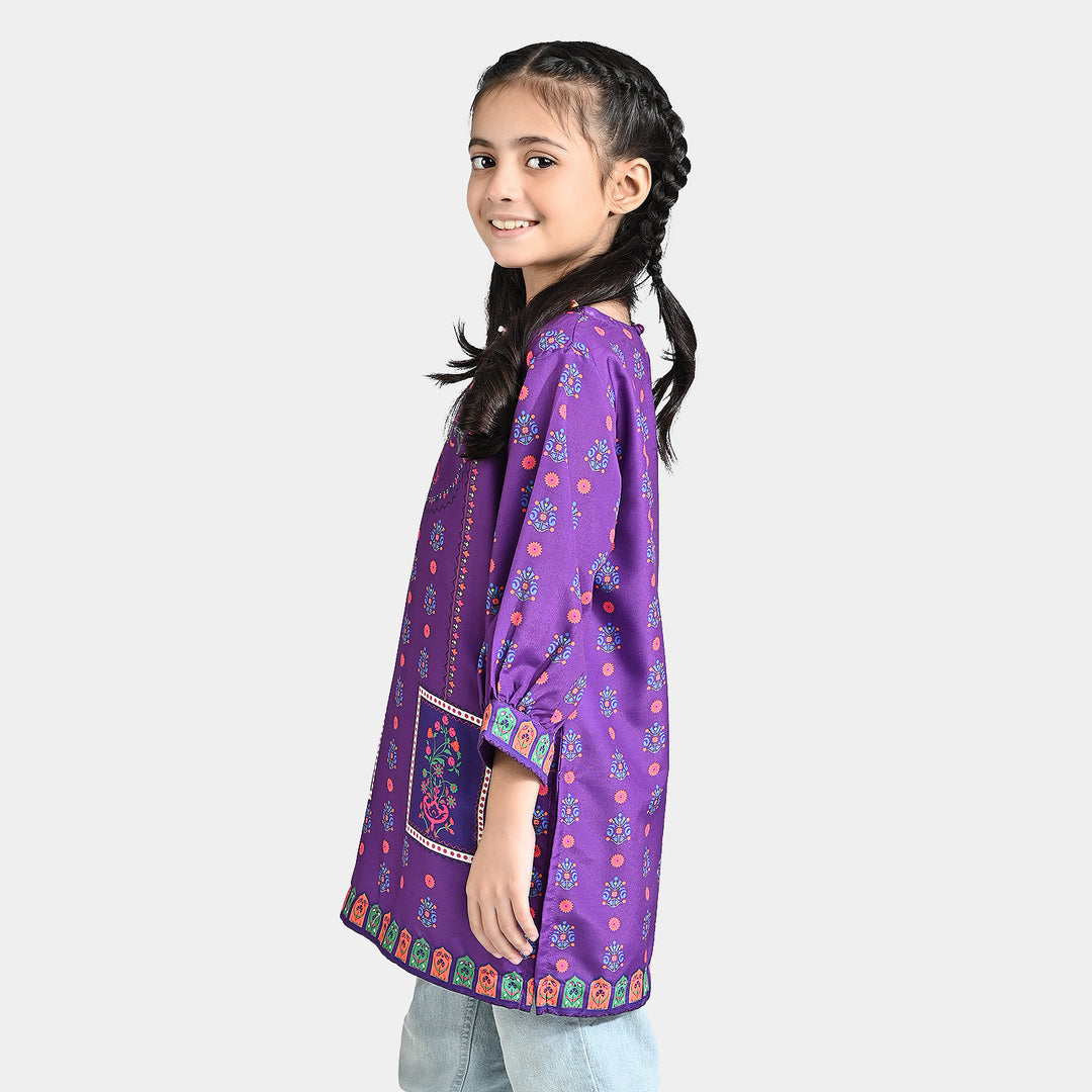 Girls Poly Lawn Printed Kurti Mughal Fusion-Purple