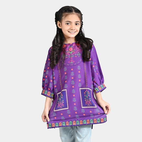 Girls Poly Lawn Printed Kurti Mughal Fusion-Purple