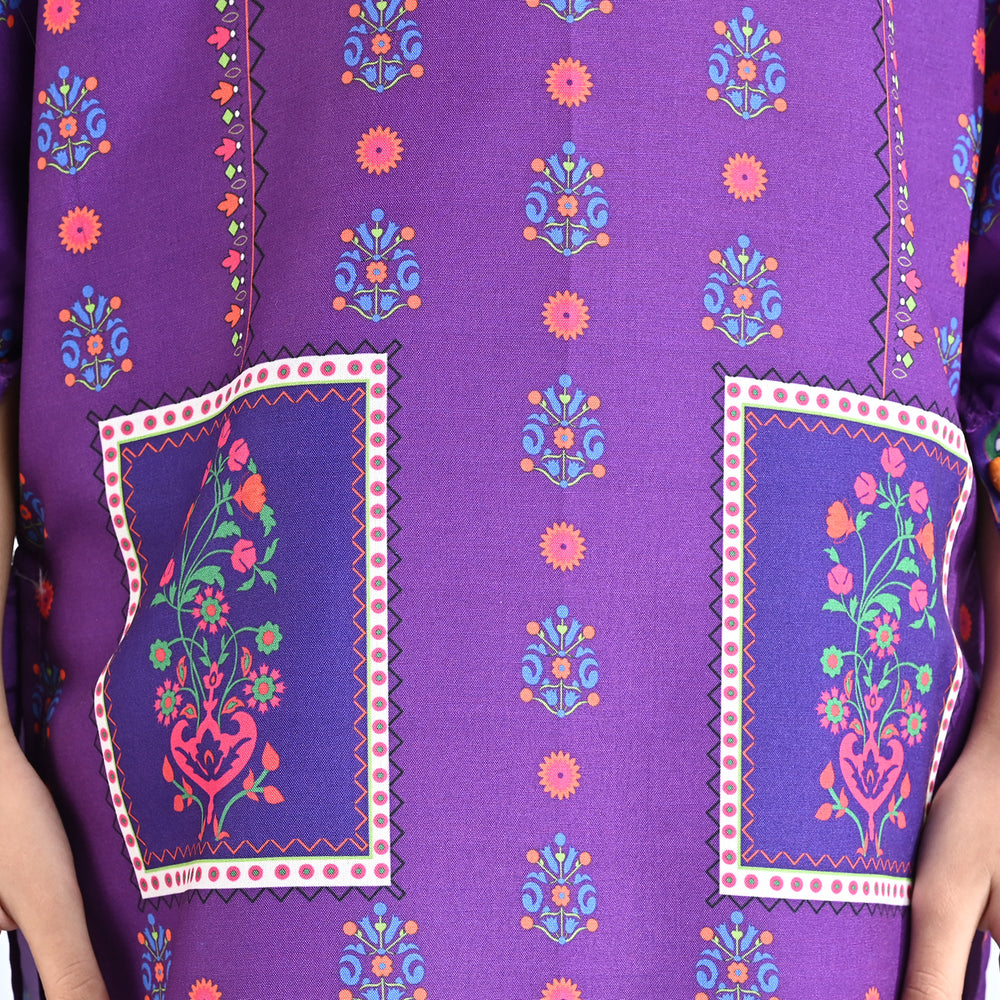 Girls Poly Lawn Printed Kurti Mughal Fusion-Purple