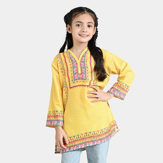 Girls Poly Lawn Printed Kurti Vibrant-Yellow